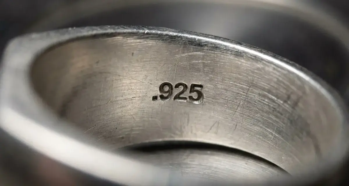 Wnętrze pierścionka z wybitym oznaczeniem próby .925, świadczącym o jego wykonaniu ze srebra.