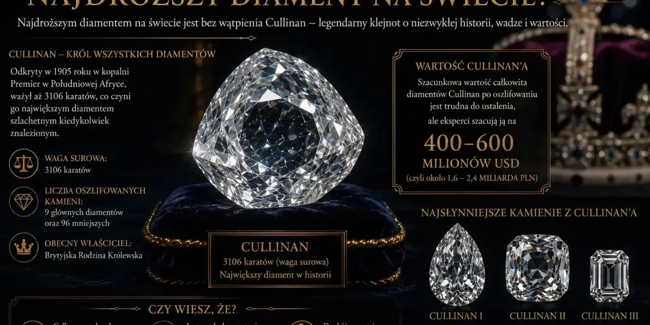Największy diament świata, Cullinan, ważył 3106 karatów. Jego wartość szacuje się na 400-600 milionów USD.
