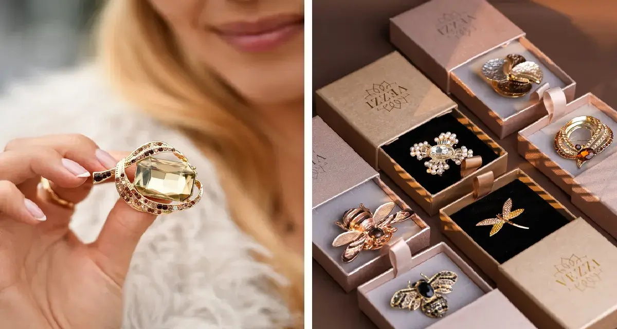 Elegancka biżuteria dla pielęgniarki: broszki w kształcie pszczół, ważki, krzyża i inne, w złotych odcieniach, w ozdobnych pudełkach.