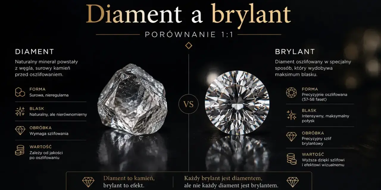 Porównanie surowego diamentu i brylantu po precyzyjnym szlifie. Brylant zachwyca blaskiem dzięki szlifowi.