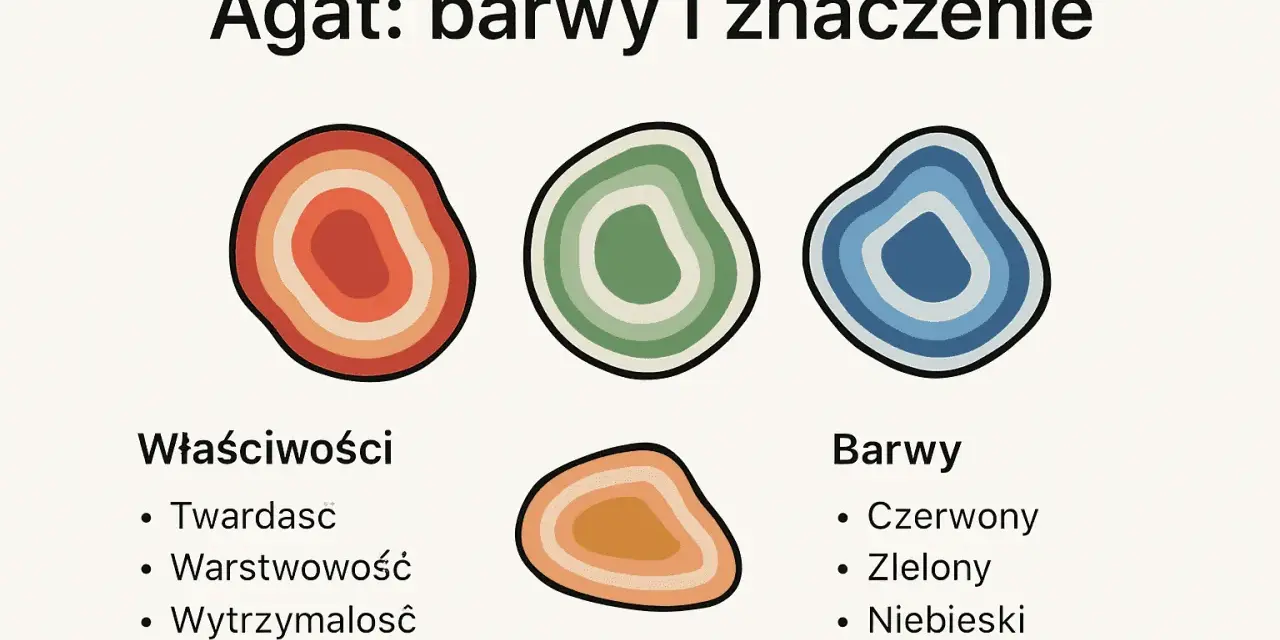 Agat: barwy i znaczenie. Ilustracja przedstawia trzy kamienie agatu w kolorach czerwonym, zielonym i niebieskim, a także czwarty w odcieniach pomarańczu. Wymieniono jego właściwości magiczne: twardość, warstwowość i wytrzymałość.