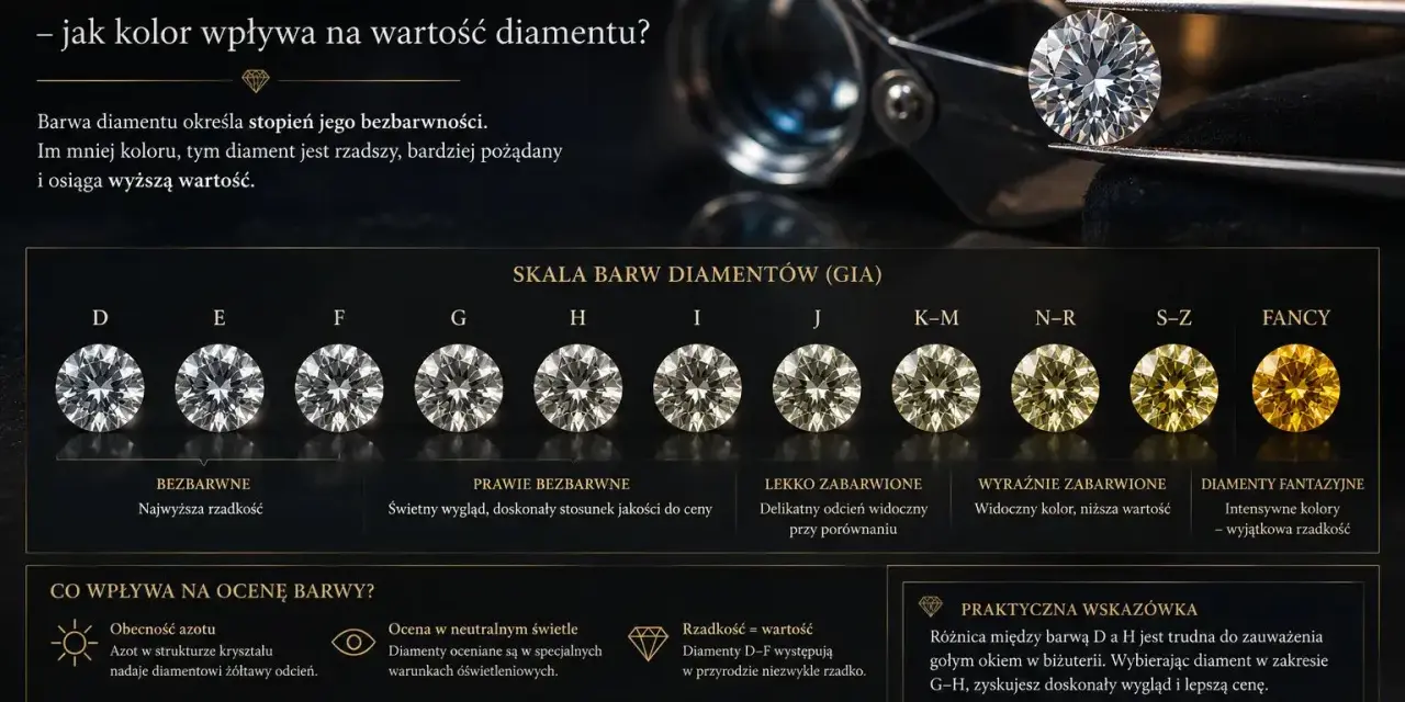 Skala barw diamentów GIA, od bezbarwnych po fantazyjne. Wyższa klasa barwowa oznacza większą rzadkość i wartość.