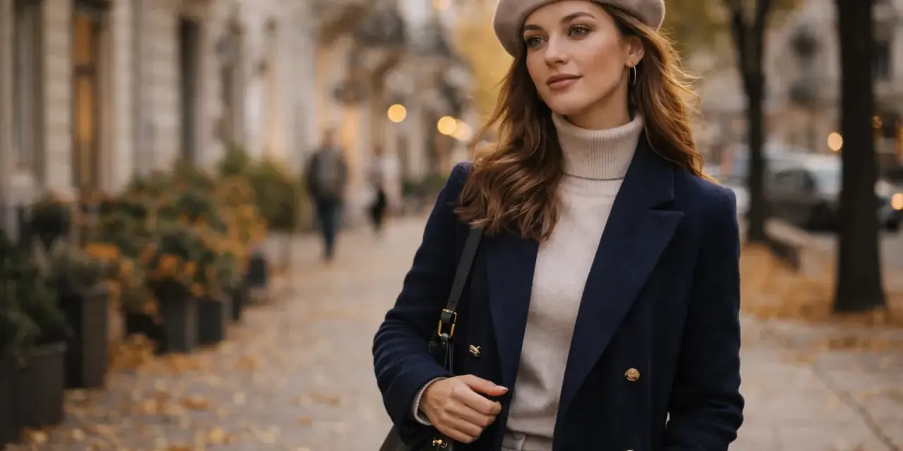 Elegancka kobieta w beżowym beretcie i granatowym płaszczu spaceruje po jesiennej ulicy. Oto jak nosić beret, by wyglądać stylowo.