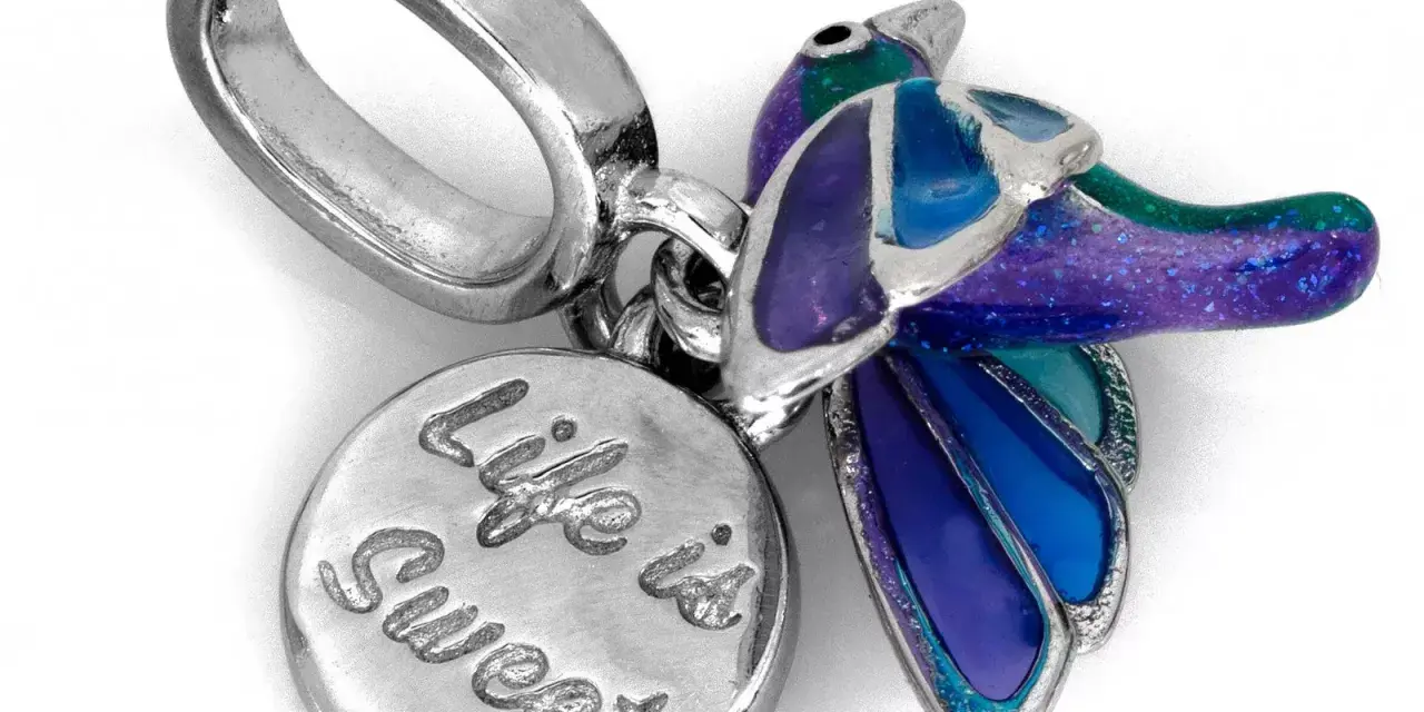 Srebrna zawieszka koliber z kolorowymi skrzydłami i okrągłym medalionem z napisem "Life is Sweet".