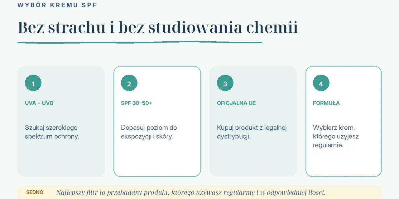 Wybór kremu SPF: szukaj szerokiego spektrum, dopasuj SPF 30-50+ do skóry, kupuj z legalnej dystrybucji. Najlepszy filtr to przebadany produkt, którego używasz regularnie.