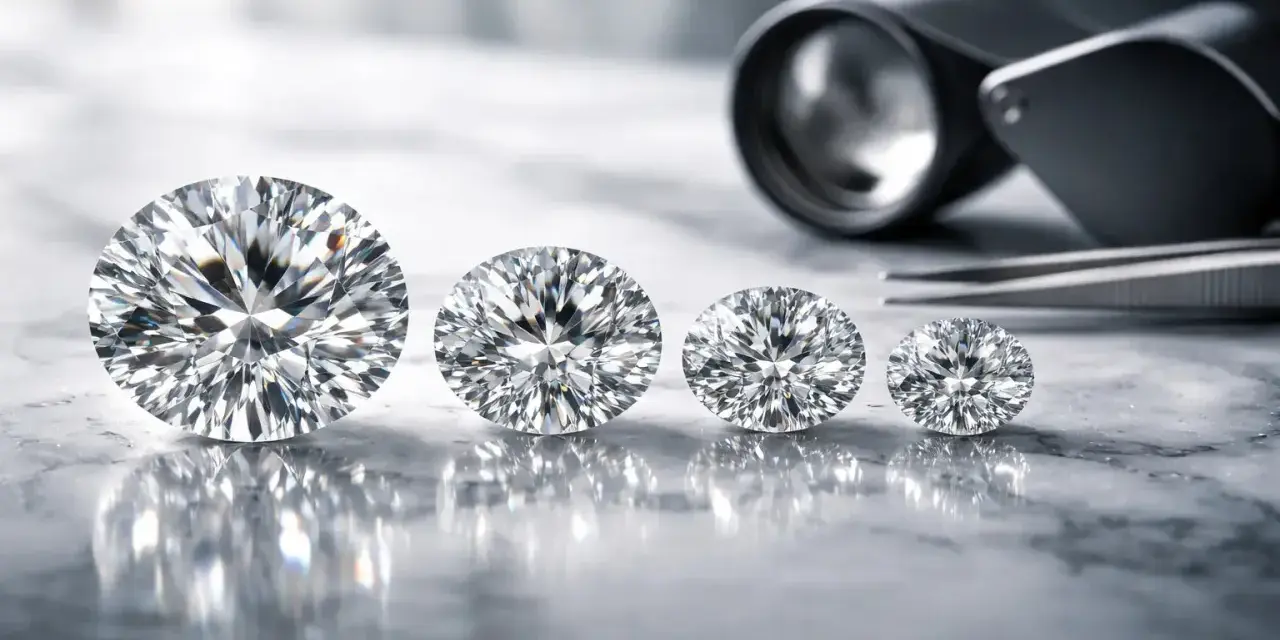 Rząd błyszczących diamentów o różnej wielkości, od największego do najmniejszego, symbolizuje czystość diamentu. Obok leży lupa i pęseta.