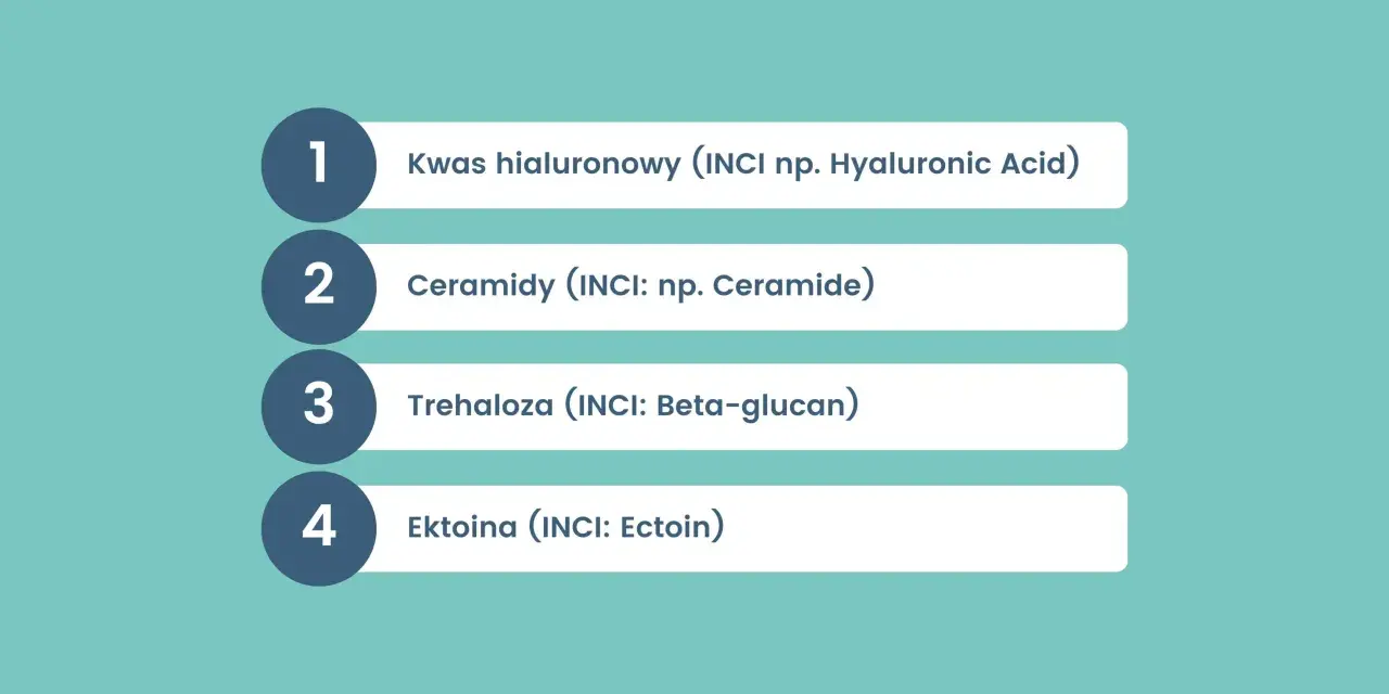 Lista kluczowych składników aktywnych: kwas hialuronowy, ceramidy, trehaloza, ektoina.