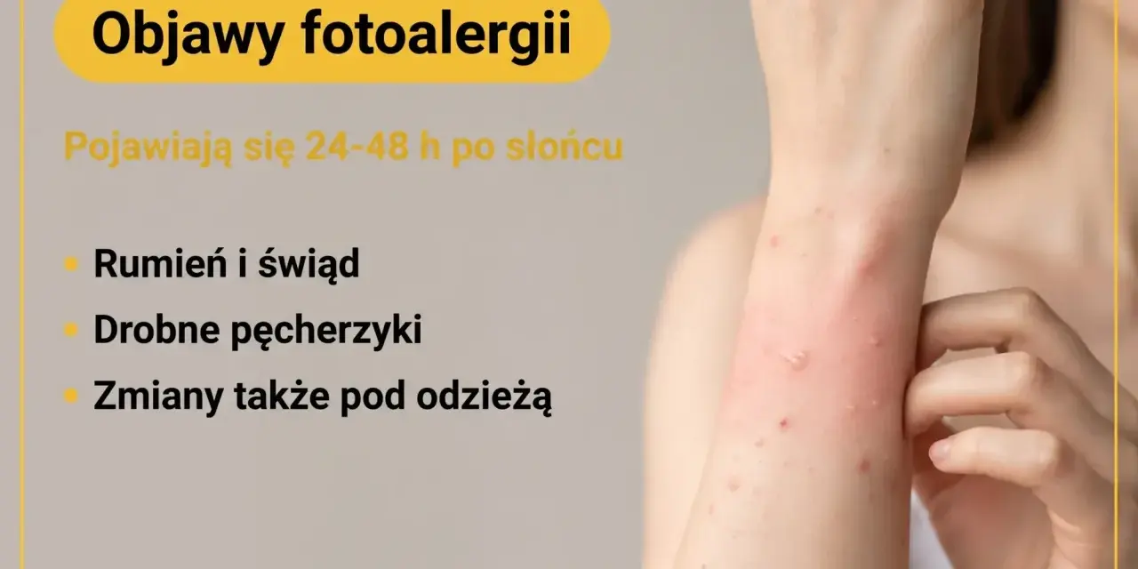 Objawy fotoalergii: rumień, świąd, drobne pęcherzyki pojawiające się po słońcu, nawet pod ubraniem.