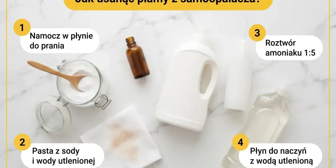 Domowe sposoby na plamy po samoopalaczu: namaczanie w płynie do prania, pasta z sody i wody utlenionej, roztwór amoniaku, płyn do naczyń z wodą utlenioną.