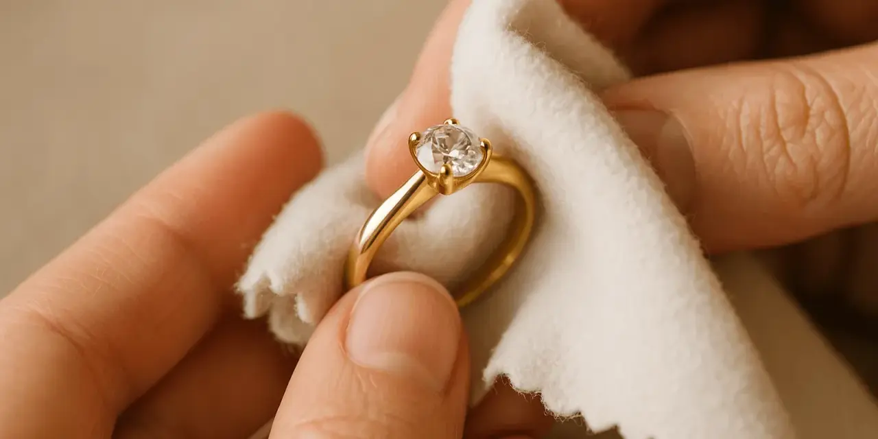Delikatne czyszczenie złotego pierścionka z diamentem białą ściereczką. Prosty sposób, jak wyczyścić pierścionek z diamentem, by znów lśnił.