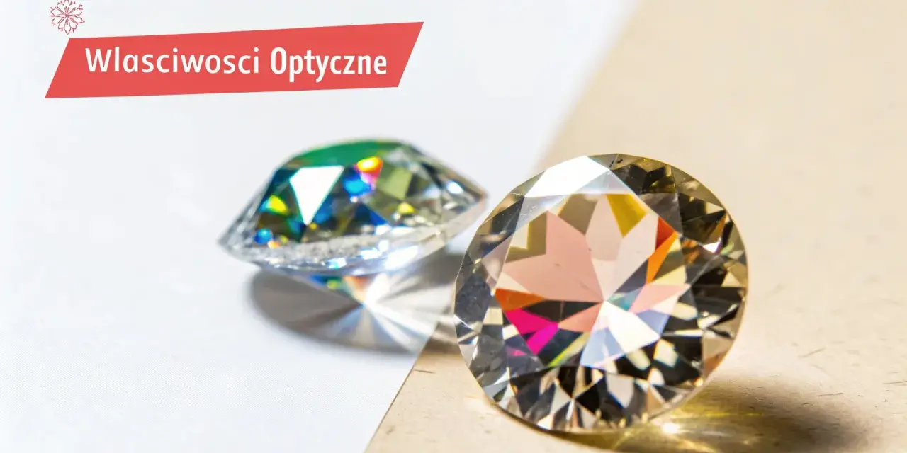 Dwa błyszczące kamienie, jeden z zielonymi refleksami, drugi z różowymi. Dowiedz się, co to cyrkonia i jakie ma właściwości optyczne.