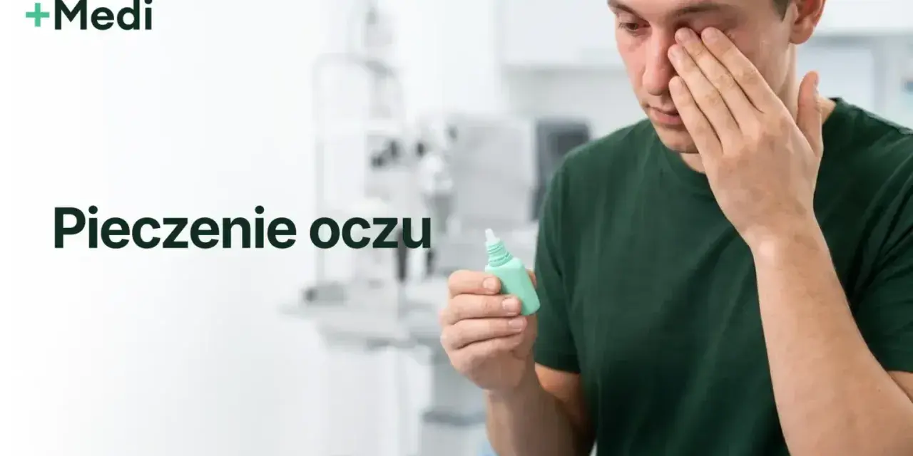 Mężczyzna z **szczypiącymi oczami od kosmetyków** trzyma krople do oczu.