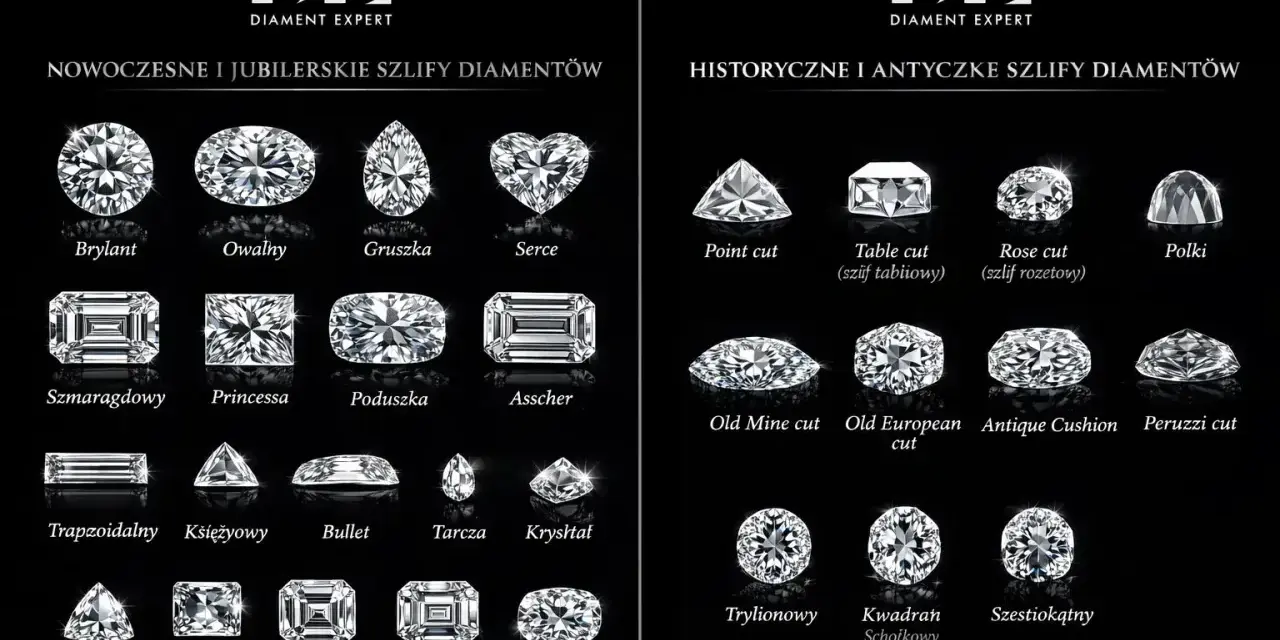 Nowoczesne i historyczne szlify diamentów: brylant, owalny, gruszka, serce, szmaragdowy, princessa, poduszka, asscher, point cut, table cut, rose cut, polki, old mine cut, old european cut, antique cushion, peruzzi cut, trapezoidalny, księżycowy, bulle...