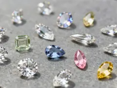 Różne rodzaje diamentów: białe, zielony, niebieski, różowy i żółty, o rozmaitych szlifach, błyszczą na szarym tle.