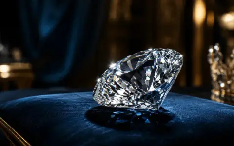 Błyszczący diament, najdroższy kamień świata, spoczywa na aksamitnej poduszce obok złotej korony.