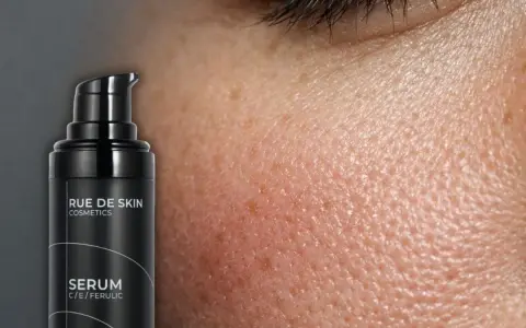 Czy serum z wit C można stosować latem? Zbliżenie na skórę i buteleczkę serum z witaminą C, E i kwasem ferulowym.