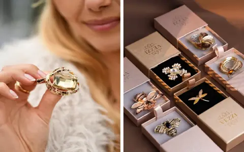 Elegancka biżuteria dla pielęgniarki: broszki w kształcie pszczół, ważki, krzyża i inne, w złotych odcieniach, w ozdobnych pudełkach.