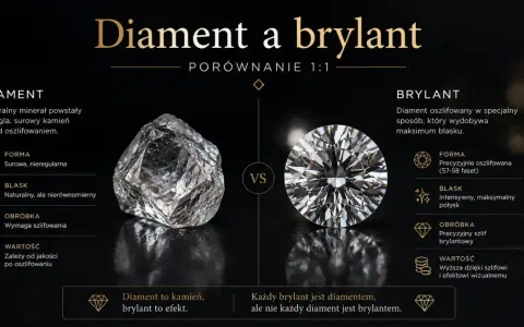 Porównanie surowego diamentu i brylantu po precyzyjnym szlifie. Brylant zachwyca blaskiem dzięki szlifowi.