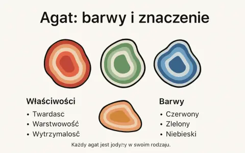 Agat: barwy i znaczenie. Ilustracja przedstawia trzy kamienie agatu w kolorach czerwonym, zielonym i niebieskim, a także czwarty w odcieniach pomarańczu. Wymieniono jego właściwości magiczne: twardość, warstwowość i wytrzymałość.