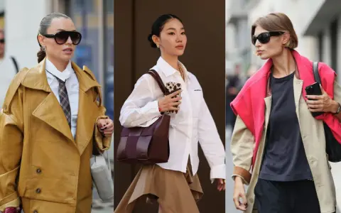 Trzy kobiety prezentują modne stylizacje. Pierwsza w musztardowym płaszczu, druga w białej koszuli i brązowej spódnicy, trzecia w beżowej kurtce z fuksjowym swetrem. To świetny przykład na color blocking.