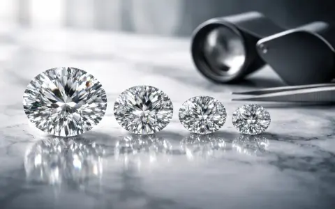 Rząd błyszczących diamentów o różnej wielkości, od największego do najmniejszego, symbolizuje czystość diamentu. Obok leży lupa i pęseta.