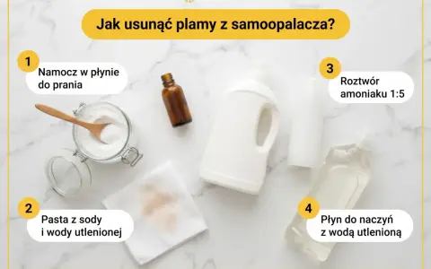 Domowe sposoby na plamy po samoopalaczu: namaczanie w płynie do prania, pasta z sody i wody utlenionej, roztwór amoniaku, płyn do naczyń z wodą utlenioną.