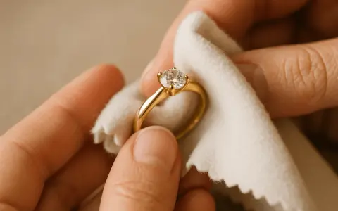 Delikatne czyszczenie złotego pierścionka z diamentem białą ściereczką. Prosty sposób, jak wyczyścić pierścionek z diamentem, by znów lśnił.