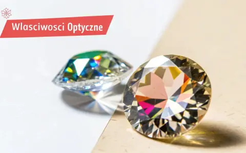 Dwa błyszczące kamienie, jeden z zielonymi refleksami, drugi z różowymi. Dowiedz się, co to cyrkonia i jakie ma właściwości optyczne.