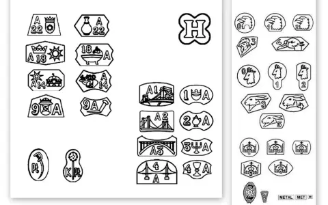 Kolekcja znaków probierczych, w tym próby platyny oznaczenia, przedstawiająca różne symbole i cyfry.