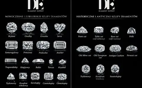 Nowoczesne i historyczne szlify diamentów: brylant, owalny, gruszka, serce, szmaragdowy, princessa, poduszka, asscher, point cut, table cut, rose cut, polki, old mine cut, old european cut, antique cushion, peruzzi cut, trapezoidalny, księżycowy, bulle...