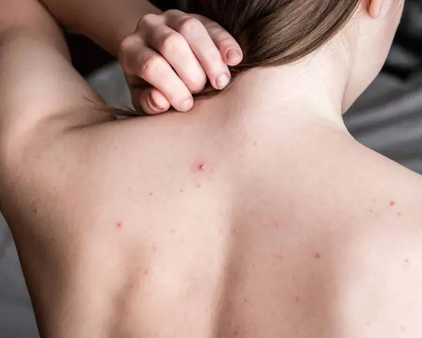 Widoczne są **blizny po trądziku na plecach** i kilka zaczerwienionych krostek. Dłoń delikatnie dotyka karku.