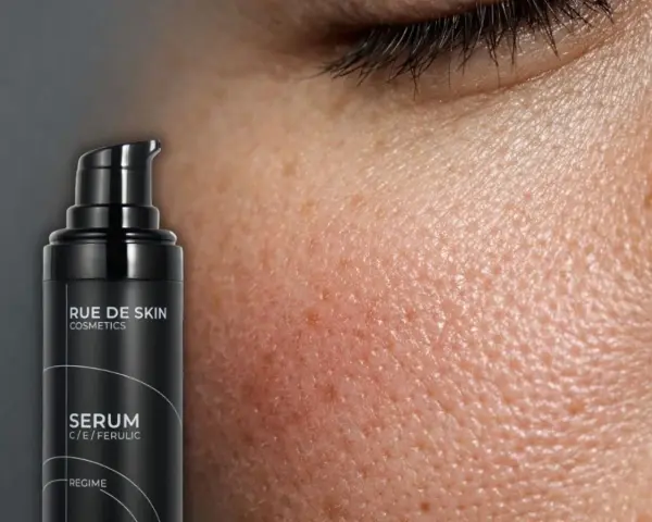 Czy serum z wit C można stosować latem? Zbliżenie na skórę i buteleczkę serum z witaminą C, E i kwasem ferulowym.