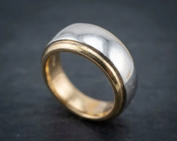 Elegancka obrączka z dwukolorowego złota, gdzie wewnętrzna część lśni ciepłym blaskiem, a zewnętrzna jest pokryta rodowanym złotem.