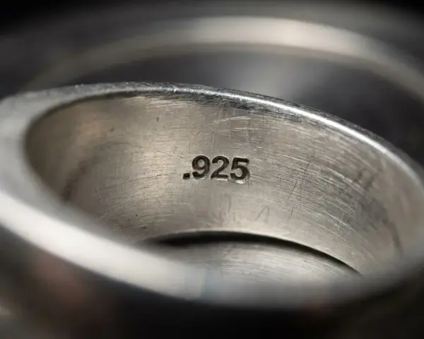 Wnętrze pierścionka z wybitym oznaczeniem próby .925, świadczącym o jego wykonaniu ze srebra.