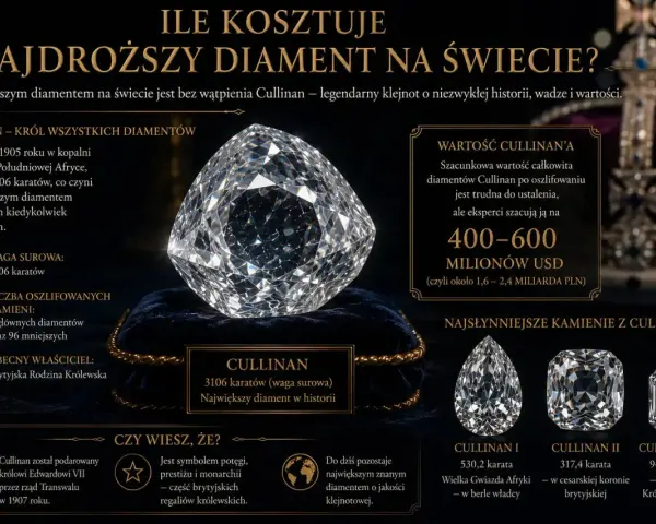 Największy diament świata, Cullinan, ważył 3106 karatów. Jego wartość szacuje się na 400-600 milionów USD.