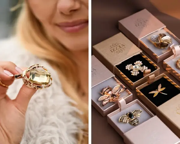 Elegancka biżuteria dla pielęgniarki: broszki w kształcie pszczół, ważki, krzyża i inne, w złotych odcieniach, w ozdobnych pudełkach.