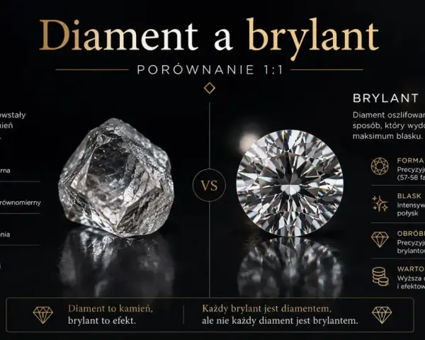 Porównanie surowego diamentu i brylantu po precyzyjnym szlifie. Brylant zachwyca blaskiem dzięki szlifowi.