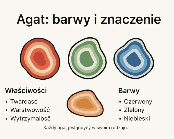 Agat: barwy i znaczenie. Ilustracja przedstawia trzy kamienie agatu w kolorach czerwonym, zielonym i niebieskim, a także czwarty w odcieniach pomarańczu. Wymieniono jego właściwości magiczne: twardość, warstwowość i wytrzymałość.