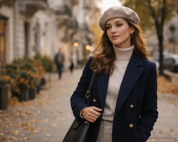 Elegancka kobieta w beżowym beretcie i granatowym płaszczu spaceruje po jesiennej ulicy. Oto jak nosić beret, by wyglądać stylowo.