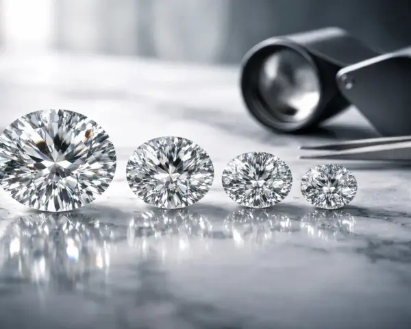 Rząd błyszczących diamentów o różnej wielkości, od największego do najmniejszego, symbolizuje czystość diamentu. Obok leży lupa i pęseta.