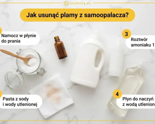 Domowe sposoby na plamy po samoopalaczu: namaczanie w płynie do prania, pasta z sody i wody utlenionej, roztwór amoniaku, płyn do naczyń z wodą utlenioną.