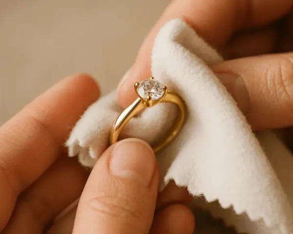 Delikatne czyszczenie złotego pierścionka z diamentem białą ściereczką. Prosty sposób, jak wyczyścić pierścionek z diamentem, by znów lśnił.