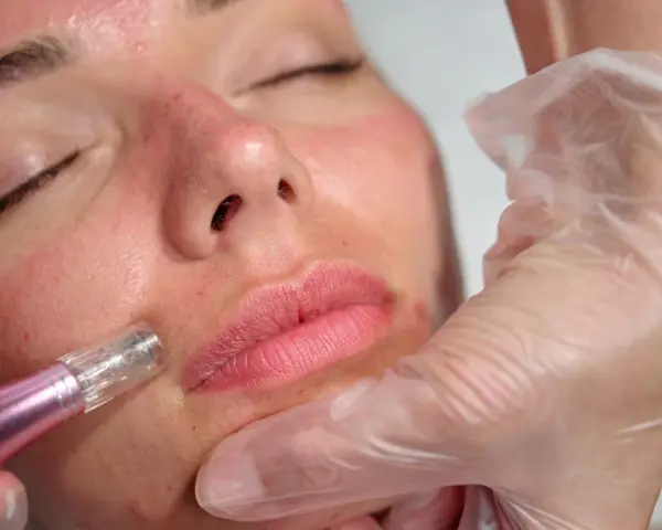 Zabieg dermapenem na twarzy, przygotowujący skórę na działanie retinolu. Skóra jest lekko zaczerwieniona, widoczne drobne nakłucia.