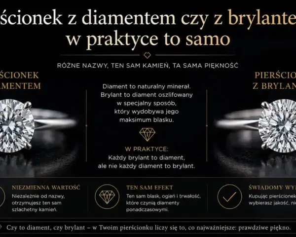 Dwa pierścionki z błyszczącym kamieniem. Jeden z nich to diament po oszlifowaniu, czyli brylant, który zachwyca blaskiem.