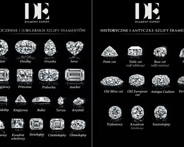 Nowoczesne i historyczne szlify diamentów: brylant, owalny, gruszka, serce, szmaragdowy, princessa, poduszka, asscher, point cut, table cut, rose cut, polki, old mine cut, old european cut, antique cushion, peruzzi cut, trapezoidalny, księżycowy, bulle...