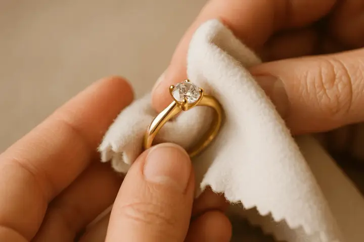 Delikatne czyszczenie złotego pierścionka z diamentem białą ściereczką. Prosty sposób, jak wyczyścić pierścionek z diamentem, by znów lśnił.