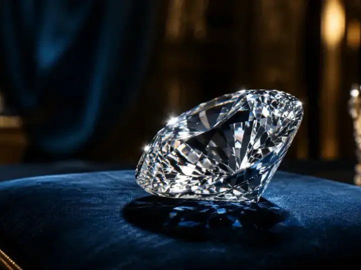 Błyszczący diament, najdroższy kamień świata, spoczywa na aksamitnej poduszce obok złotej korony.