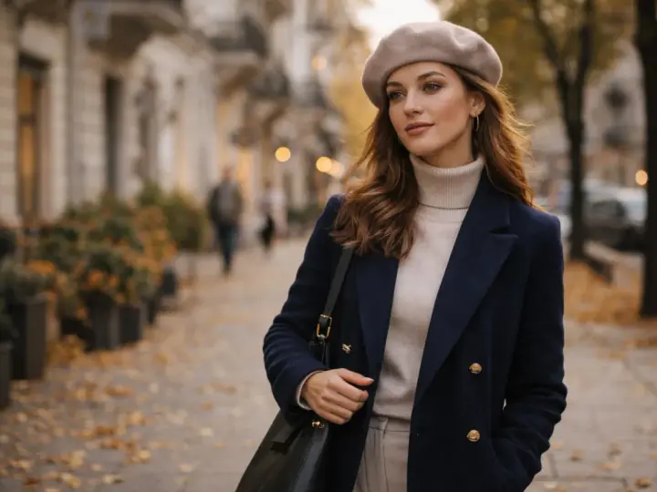 Elegancka kobieta w beżowym beretcie i granatowym płaszczu spaceruje po jesiennej ulicy. Oto jak nosić beret, by wyglądać stylowo.