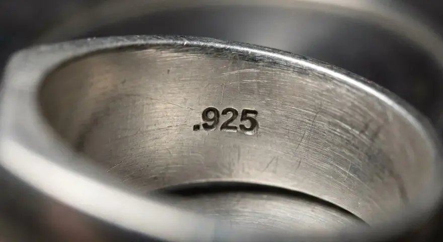 Wnętrze pierścionka z wybitym oznaczeniem próby .925, świadczącym o jego wykonaniu ze srebra.