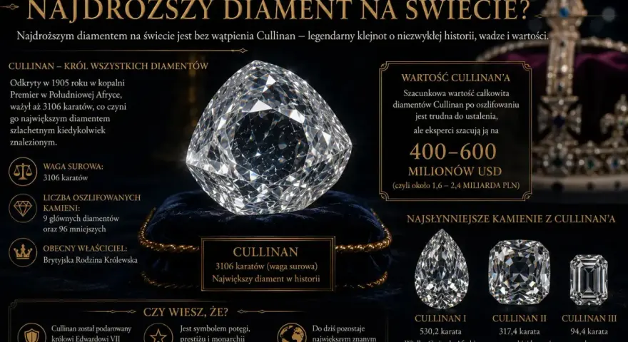 Największy diament świata, Cullinan, ważył 3106 karatów. Jego wartość szacuje się na 400-600 milionów USD.